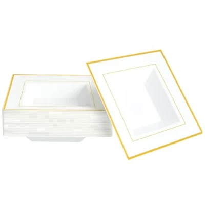Imagen de MATANA 20 Cuencos Cuadrados Blancos de Plástico con Borde Dorado, 360ml Cuencso Postre Sólidos y Reutilizables Sopa, Platos Hondos para Bodas, Cumpleaños, Fiestas