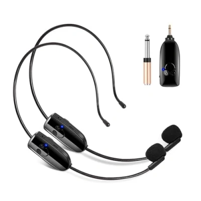Imagen de HUACAM Sistema de micrófono inalámbrico para 2 personas, auriculares inalámbricos duales 2.4G y mano en 1, alcance 150 pies amplificador voz, altavoces escenario, profesor,