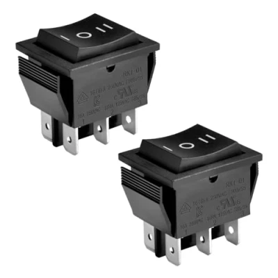 Imagen de Heschen Interruptor basculante, RK1 01 HS, ON OFF ON, DPDT, 6 terminales, 16A 250VAC, negro, paquete de 2