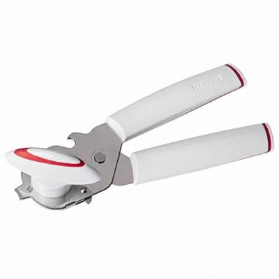 Imagen de Leifheit abrelatas Lifty en elegante plástico blanco y acero inoxidable, de seguridad con empuñadura ergonómica, el abridor incluye accesorio para abrir botellas.