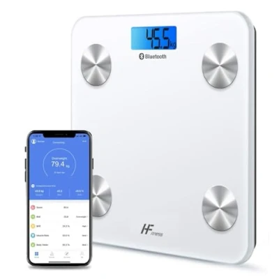Imagen de HF Bascula de Baño Digital, Grasa Corporal y Muscular con App, Inteligente para Fitness, 19 Monitores Composición Peso IMC Muscular, Elis (Blanca retroiluminación azul)