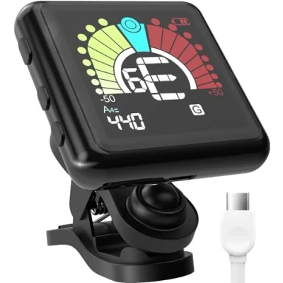 Imagen de Sintonizador Afinador con clip recargable AROMA para bajo, guitarra, violín, ukelele. 360 grados giratorio USB, negro