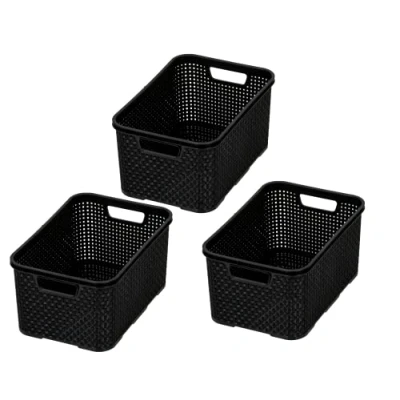 Imagen de BranQ Home essential Cesta en diseño de ratán, juego 3 unidades, tamaño S, 7 L, sin bisfenol A, plástico polipropileno, negro, 28.5 x 19.5 12.9 cm