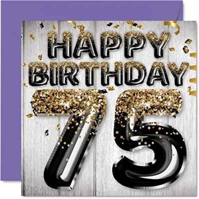 Imagen de Tarjeta de cumpleaños 75 para hombres, globos negros y dorados con purpurina, tarjetas feliz hombre años, papá, bisabuelo, abuelo, 145 mm x mm, setenta