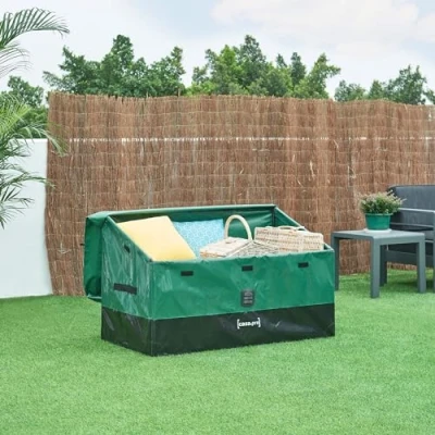 Imagen de casa.pro Caja de Almacenamiento para Exteriores 387 L Arcón Baúl Almacenaje Jardín con Asas Fijación Velcro Lona 100% Poliéster Impermeable Acero 122x64x76 cm Verde/Negro