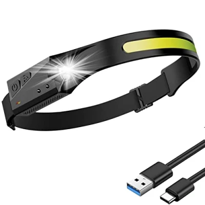 Imagen de Antorcha de cabeza LED recargable, Go Beam 350 lúmenes 230 grados, 5 modos iluminación COB faro inducción para niños y adultos, control sensor movimiento, correr, pesca,