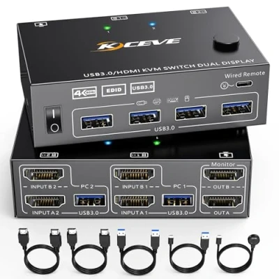 Imagen de KCEVE HDMI KVM Switch USB 3.0 2 Computadoras Monitores Duales con Función EDID, Soporta 4K @ 60Hz Compartir Monitor Ratón Teclado para Portátil, PC, PS5, Xbox