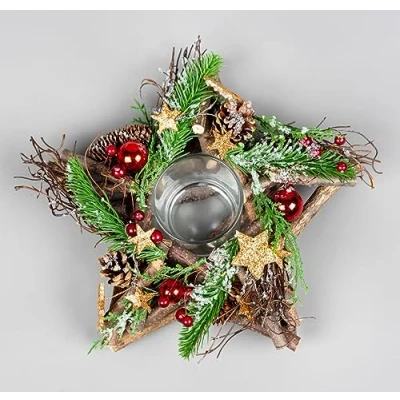 Imagen de Portavelas votivo con Forma de Estrella 22 cm, Base Ramas Madera Decorada Bolas Rojas, Bayas, Estrellas Bronce, follaje, piñas Pino, decoración Mesa Navidad para el hogar