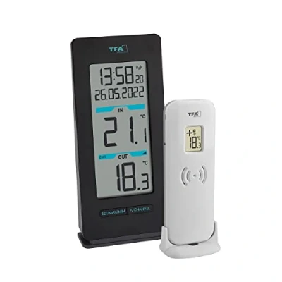 Imagen de TFA Dostmann Termómetro inalámbrico Buddy 30.3072.01, temperatura exterior e interior, valores máximos y bajos, reloj por radio, color negro