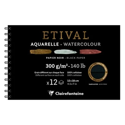 Imagen de Clairefontaine 975325C Etival Álbum de espiral papel dibujo (12 hojas, 12 x 18 cm, 300 g, doble grano fino y reverso torchon), color negro
