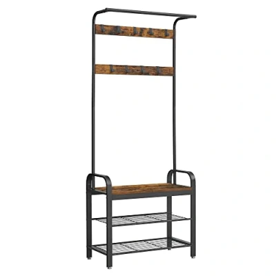Imagen de VASAGLE Perchero Zapatero, con Banco Recibidor, 4 en 1, 9 Ganchos Extraíbles, Barra Superior, para Entrada Pasillo, 33,7 x 72 183 cm, Industrial, Marrón Rústico y Negro HSR40B