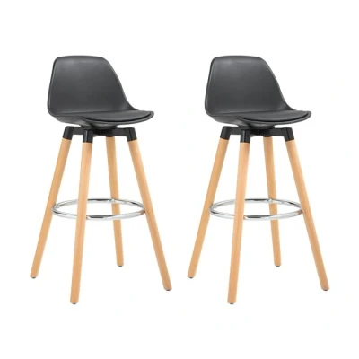 Imagen de HOMCOM Juego de 2 Taburetes Altos Cocina Altura Asiento 69 cm Bar Sillas Altas Tapizado en PU con Respaldo Patas Madera para Comedor Negro