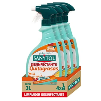 Imagen de Sanytol Limpiador Desinfectante Quitagrasas Para Cocina, Limpia, Elimina Bacterias, Hongos y Virus Sin Lejía, 100% Poder Antigrasa, Perfume Limón Pack de 4 x 750 ml = 3 L