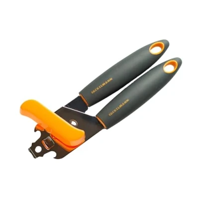 Imagen de Fackelmann Soft Abrelatas Manual, Abridor de Latas Conserva con Doble Mango, Agarre Cómodo Mango Ergonómico y Antideslizante, Color Gris Naranja, 19cm, 1ud.