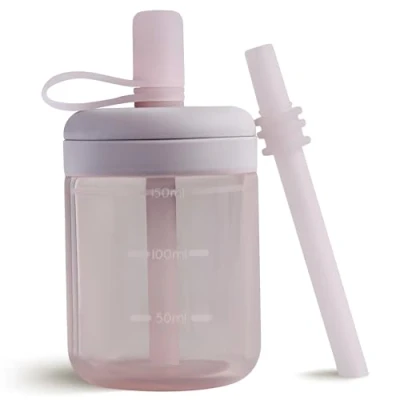 Imagen de Moonkie vaso para aprender a beber, botella con pajita, de silicona bebés y niños, pajita tapa prueba fugas, sin BPA, taza bebé 6 meses, 5 oz (lila)