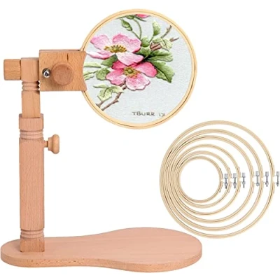 Imagen de Soporte de Punto Cruz Madera con Bastidor para Bordar, Costura Ajustable Alta y Ángulo, Aro Bordado Mesa Poweka