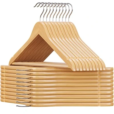 Imagen de SONGMICS Percha de Madera Maciza, Juego 20, con Ranuras para Hombros, Barra Antideslizante Pantalones, Gancho Giratorio 360, Trajes, Camisas, Abrigos, Natural y Plata CRW001 20
