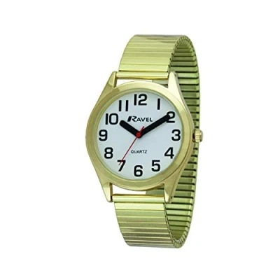 Imagen de Ravel Reloj Mujer Pulsera de Acero Inoxidable con Grandes números y Agujas Tono Dorado/Esfera Blanca