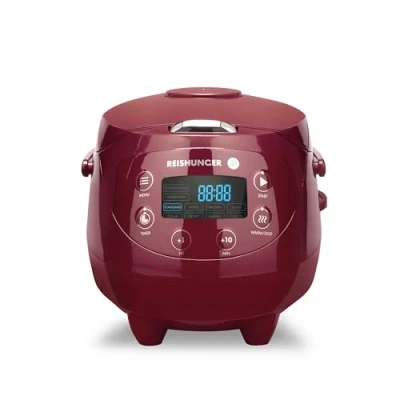 Imagen de REISHUNGER Arrocera digital pequeña, burdeos, 0,6 L hasta 3 personas, función de mantenimiento del calor, temporizador y olla premium, pequeña multicocina vapor, 8 programas, tecnología 7 fases