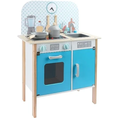 Imagen de Leomark Cocina Infantil de Madera Menfi Cocinitas para niños, Altura 81 cm, Juguetes 3+ años, con ollas, Horno, Fregadero, Accesorios, Reloj (Color Azul)