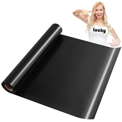 Imagen de KEWUZY lámina para plóter textil negro, 30,5 cm x 5 m, vinilo de transferencia térmica, transferencia, flexible plancha, prensa caliente, camisetas y más telas, patrón DIY
