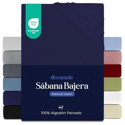 Imagen de Dreamzie Sabanas 80x200 cm, Sabana Bajera Premium para Colchones de hasta 12 cm Altura, 100% Algodon 150 g/m² Azul Oscuro Certificada sin Productos Químicos (Oeko Tex)