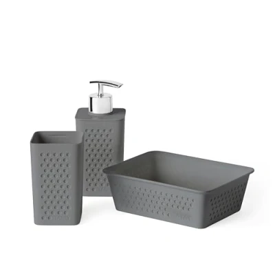 Imagen de TATAY Set de 3pcs Sobremesa baño (Vaso + Dosificador Organizador A6) Bohol, Polipropileno, Libre BPA, Plástico 100% Reciclado, Gris Antracita
