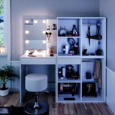 Imagen de Vicco Tocador Isabelle, Blanco, 140 cm con LED, Taburete y Armario