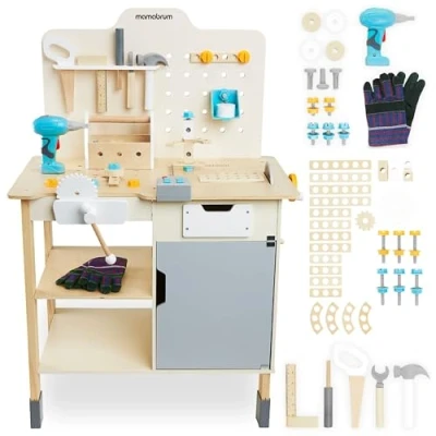 Imagen de Mamabrum, gran taller de madera con herramientas XXL kit, 74 elementos, mesa trabajo, taladro banco trabajo niños a partir 2 años