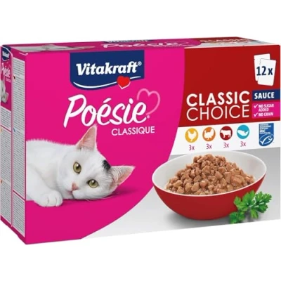 Imagen de Vitakraft Poésie Classique, comida húmeda para gatos, en multipack, con pollo, pavo y ternera, salmón sello MSC, sin azúcares añadidos ni cereales, tamaño almacenamiento(1 paquete 12x 85g)