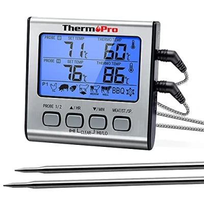 Imagen de ThermoPro TP17 Termómetro Cocina Digital de Doble Sonda con Modo Temporizador Termómetros Barbacoa Grande Retroiluminación LCD para BBQ Carne Alimentos Líquido Parrilla Horno