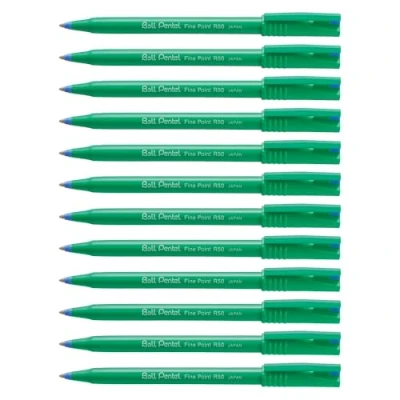 Imagen de Pentel R50 Bolígrafo Verde Barril Base de Agua 0.8mm Punta 0.4mm Line Azul Ref C [Paquete 12] Azul, Pack Of 12