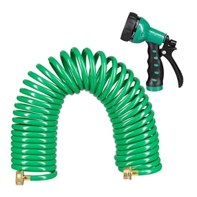 Imagen de Relaxdays Manguera Espiral, Extensible hasta 10 Metros, Manga de Jardín con Pistola Riego, 7 Tipos Chorro, Verde, Latón, 25 x 52 15 cm
