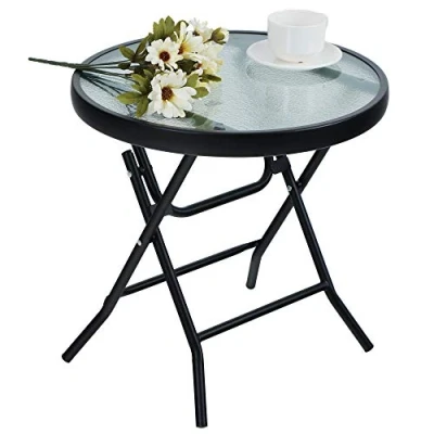 Imagen de PHIVILLA Mesa auxiliar plegable redonda de cristal metal, pequeña café, resistente a la intemperie, fácil limpiar para balcón, jardín, terraza o salón