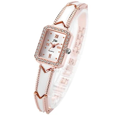 Imagen de JewelryWe Reloj para Mujer, de Pulsera Cuarzo con Esfera Números Romanos y Diamantes Imitación Cuadrados, Oro Rosa