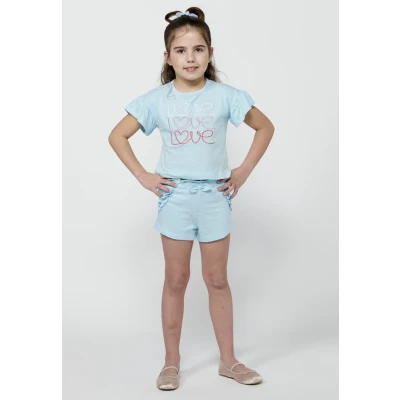 Imagen de Conjunto de Camiseta y pantalón. manga corta con estampado delantero Pantalón corto cintura engomada Color Azul para Niña