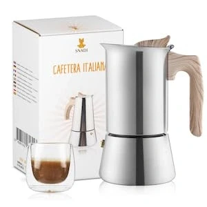 Imagen de Snadi Cafetera italiana de moka. para 4 tazas café expreso (200 ml). Acero inoxidable apto inducción, vitrocerámica, eléctrico y gas. Cocina profesional (4 Tazas)