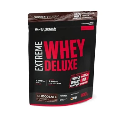 Imagen de Body Attack Extreme Whey Deluxe, proteína en polvo con aminoácidos y complejo de triple suero aislado suero, perfectamente soluble, bajo azúcar, grasas, lata de, Crema chocolate, 900g, calidad Made in Germany
