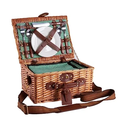 Imagen de eGenuss Cesta de Mimbre para Picnic 2 Personas con Correa Hombro Desmontable, Cubiertos Acero Inoxidable, refrigerador, Copas Vino y Platos en Porcelana Verde