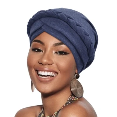 Imagen de DRESHOW Turbante Africano para Mujeres Preatado Trenzado Envoltura de Cabeza Sombreros Moda Gorra Dormi Gorro cáncer quimio