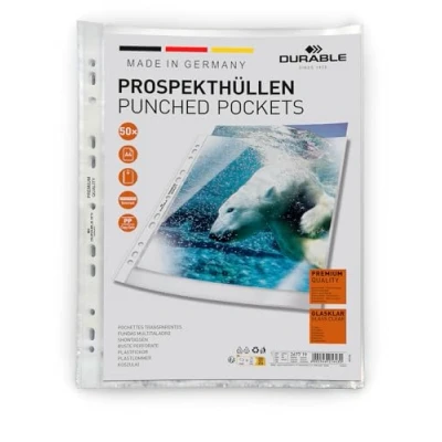 Imagen de Durable 267719 Fundas multitaladro PREMIUM A4 crystal clear pp bolsa de 50 (DIN Premium, 0.08mm) unidades, transparente como el cristal