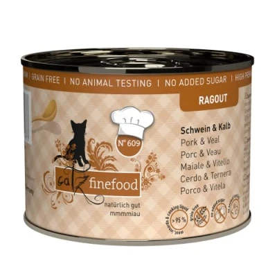 Imagen de catz finefood Ragout N 609 Comida húmeda para Gatos de Cerdo y Ternera, en Salsa sin Cereales azúcar con Alto Porcentaje Carne, 6 latas 190 g