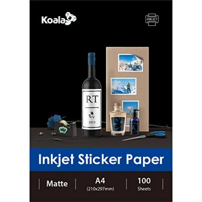 Imagen de KOALA papel fotográfico blanco mate autoadhesivo para inyección de tinta con el reverso adhesivo, impresión etiquetas, A4, 100 hojas