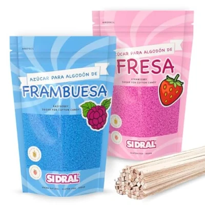 Imagen de SIDRAL Azucar para Máquina Algodón (2 x 250 gr) con 25 Palitos Reciclables Degustación Lote de 2 Sabores (Fresa y Frambuesa), Azúcar Ideal Fiestas (Normal)