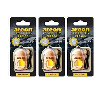 Imagen de Areon Fresco Sport Lux Gold Ambientador Aire Coche Colgando Espejo Retrovisor Botella de Vidrio Madera Gadget 3D Decoración Interior Casa Oficina Olores Paquete Múltiple (Oro Conjunto 3)