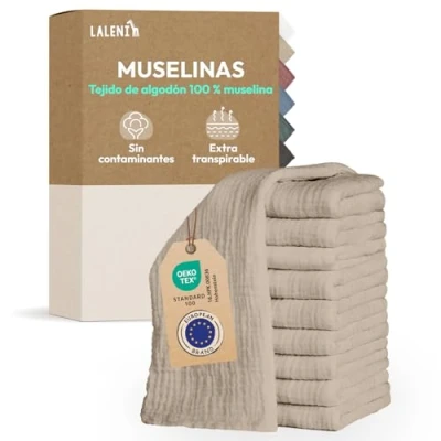Imagen de Laleni muselinas bebé algodón 70x70cm 20 uds gasas para bebés piel sensible ideal como toalla recién nacido supersuave y absorbente pañales de muselina en beige
