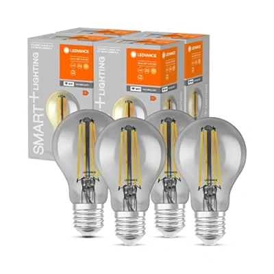 Imagen de LEDVANCE Bombilla Smart con tecnología Wifi, Casquillo E27, Regulable, Blanco cálido, Forma de la bombilla, Filamento transparente en cristal ahumado, Controlable Alexa, Google &amp; App, paquete 4