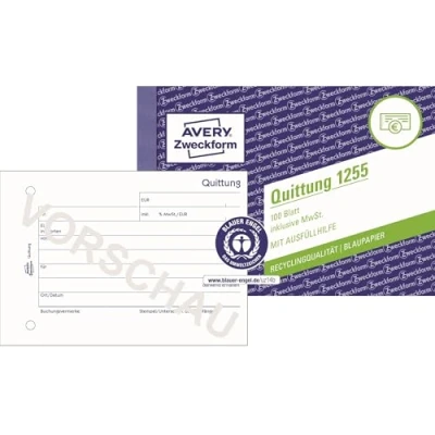 Imagen de AVERY Zweckform 1255 Bloc de recibos (A6 Paisaje, IVA incluido, probado por expertos, para DE/at contabilidad adecuada, 100 hojas, 100% reciclado, certificado Blue Angel) Blanco