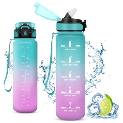 Imagen de Vikastar Botella Agua 1 Litro, Libre de BPA &amp; Prueba Fugas, Agua, con Pajita, Gimnasio, Marcador Tiempo, Cantimplora para Sport, Bicicleta, Escuela