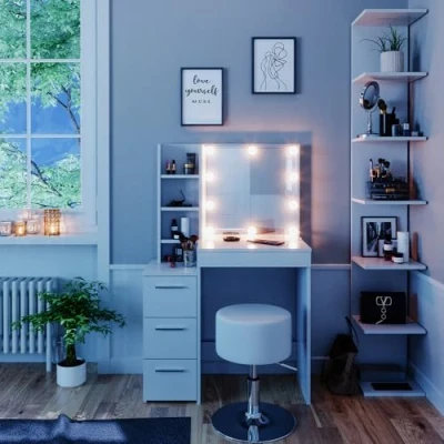 Imagen de Vicco Tocador Meryl, Blanco, 80 cm con iluminación LED y Taburete